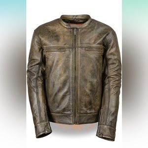 Men's Distressed Brown Leather Jacket w/Triple Stitch Detail Motorcycle Jacket